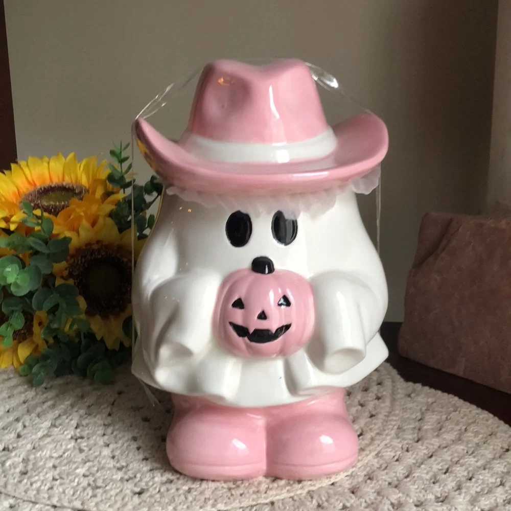 Pink Western Ghost Ceramic Halloween Cookie Jar